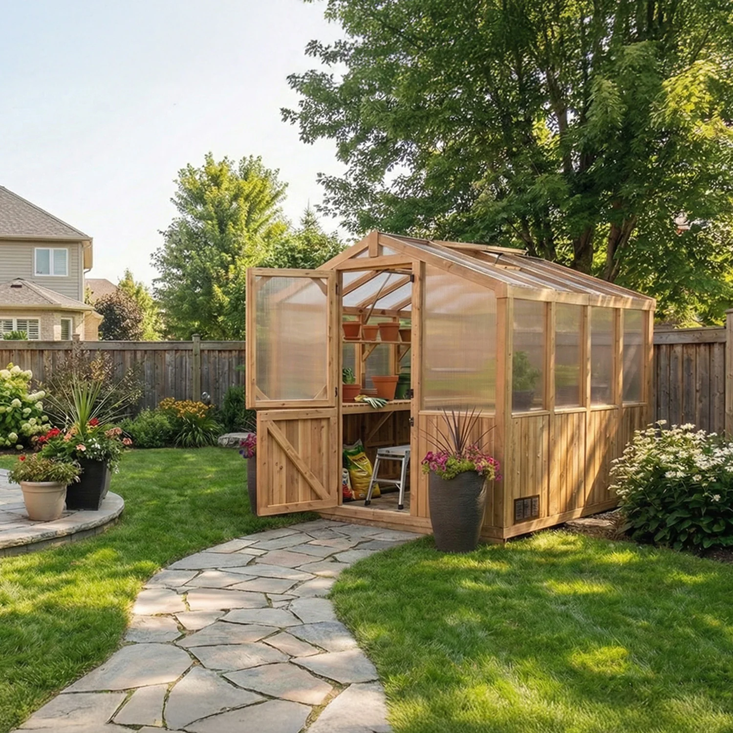 Outdoor Living Greenhouse Kit 8 ft. Wide with 6mm Twin Wall Polycarbonate Panels and Cedar Wood Frame - Image 2